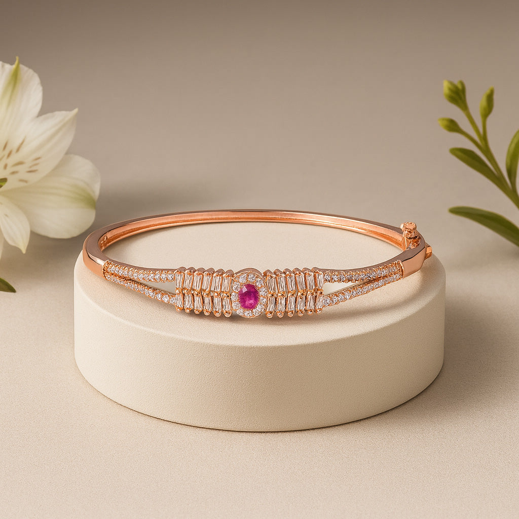 925 Sterling Silver Rosegold Majestic Ruby Halo Kada For Women