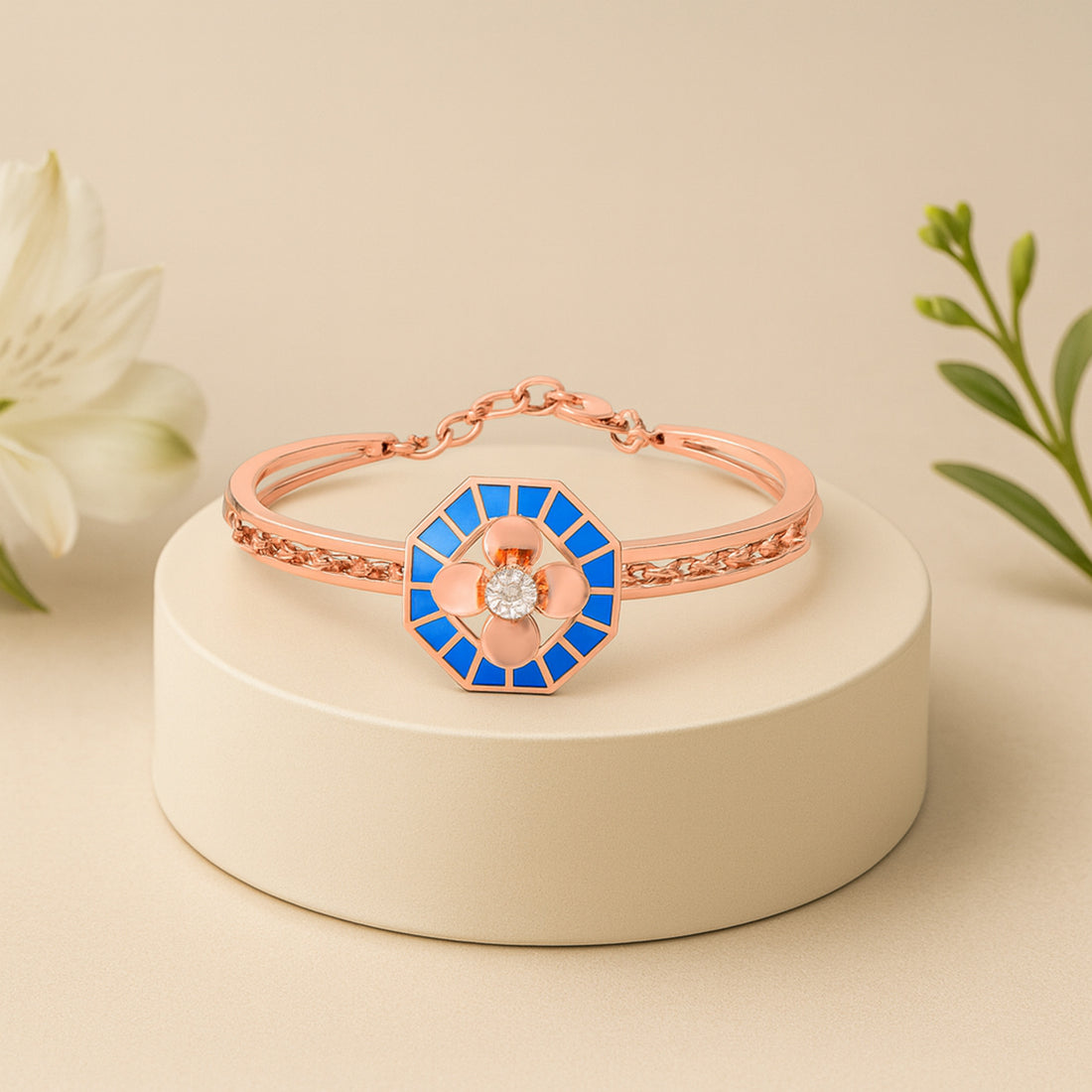 925 Sterling Silver Rosegold Octagonal Clover Elegance Kada For Women
