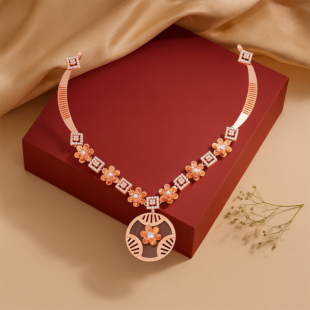 925 Sterling Silver Rosegold Radiant Geometry Floral Necklace For Women