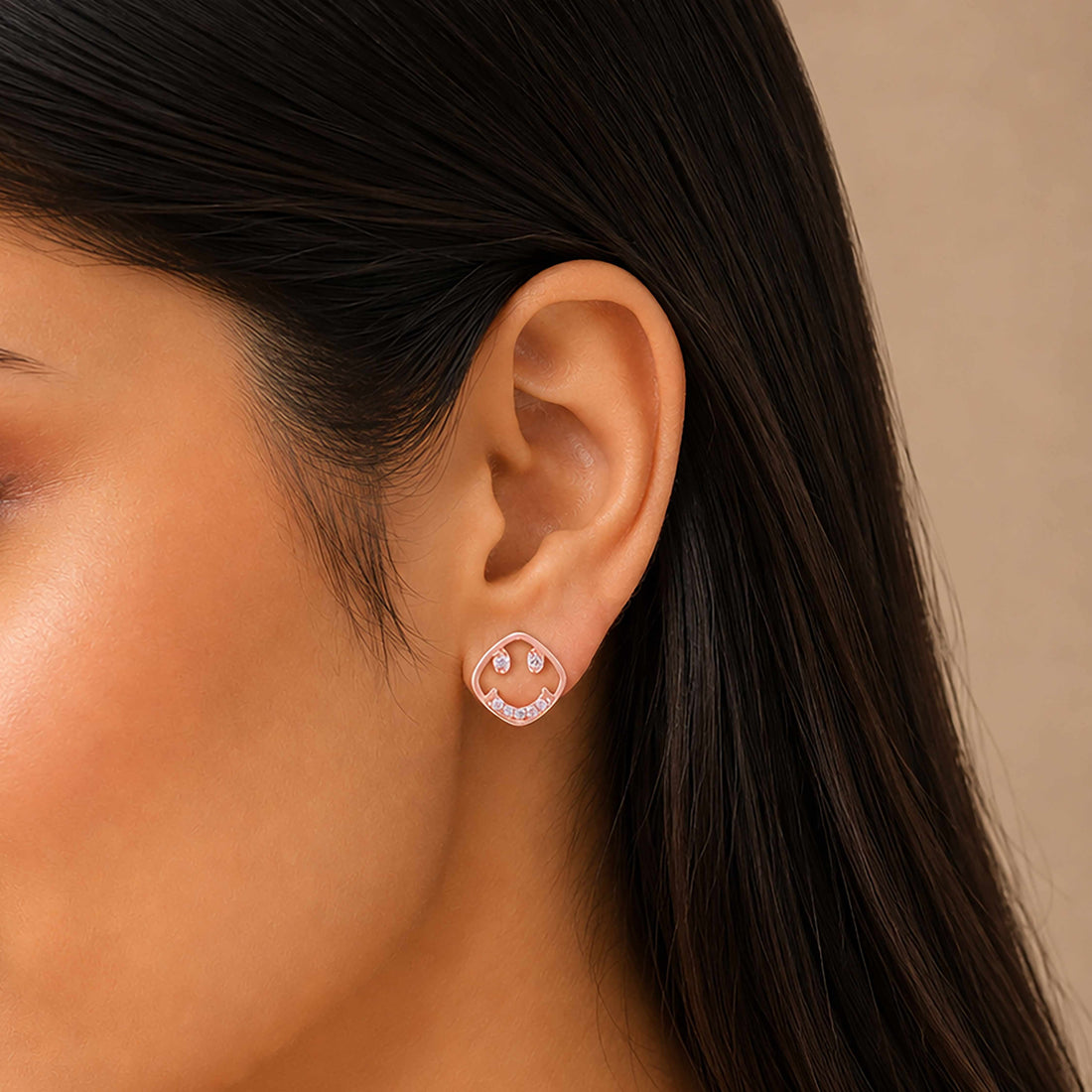 925 Sterling Silver Rosegold Radiant Smiley Earrings For Women