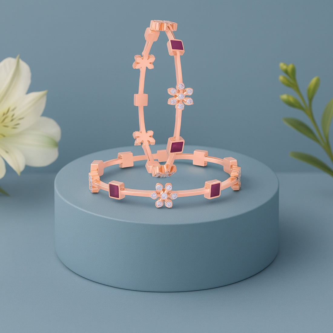 925 Sterling Silver Rosegold Ruby Petal Accent Bangle For Women