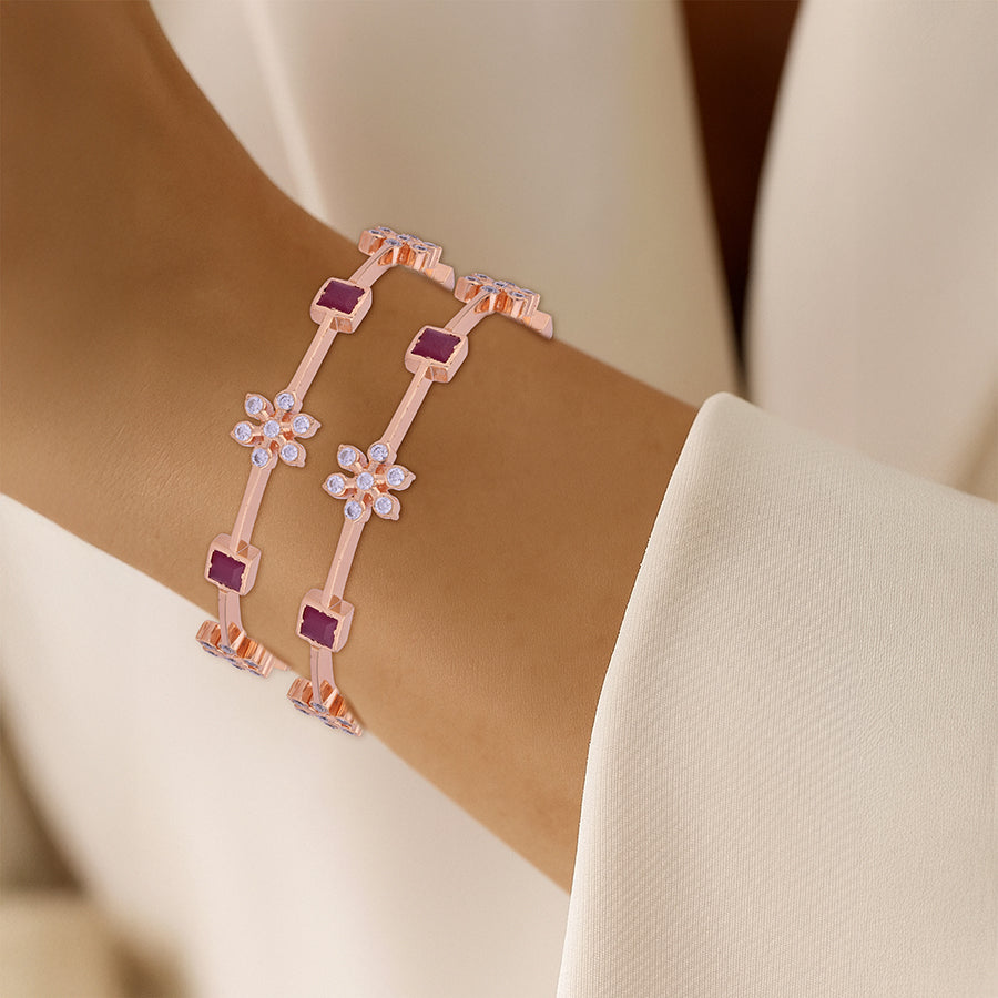 925 Sterling Silver Rosegold Ruby Petal Accent Bangle For Women