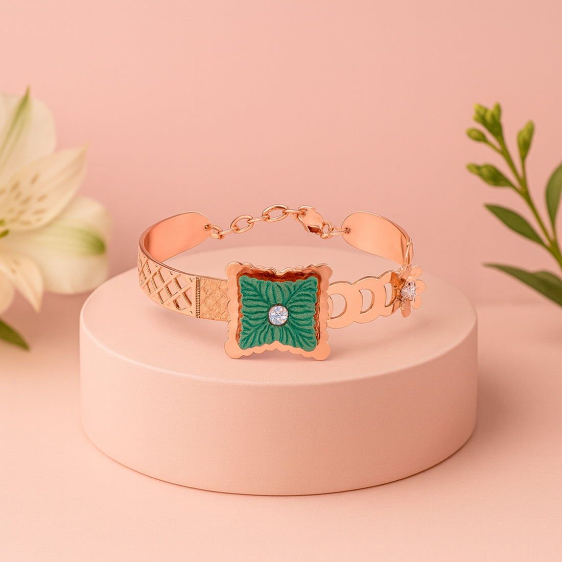 925 Sterling Silver Rosegold Verdant Square Blossom Kada For Women