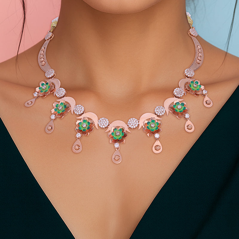 925 Sterling Silver Rosegold Verdure Sparkle Dangle Necklace For Women