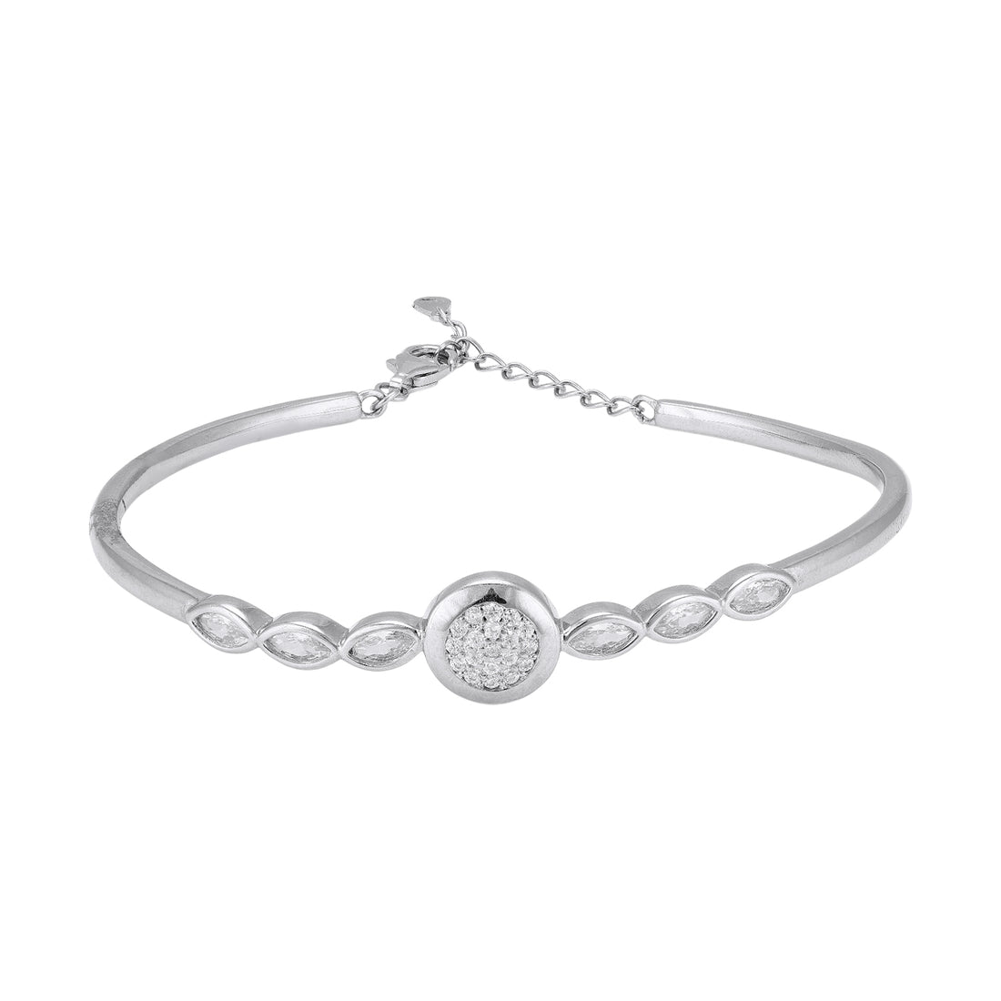 925 Sterling Silver Round Pave with Tapered Marquise Side Stones Sleek Metal Finish Bracelet for Women