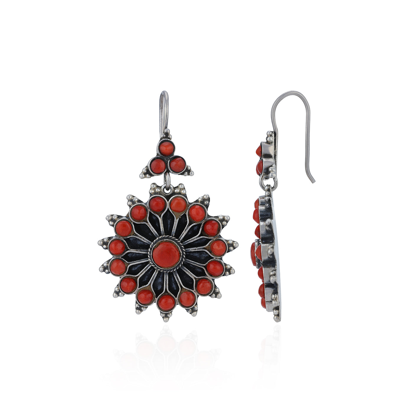 Silver earrings with red and black floral design on a white background