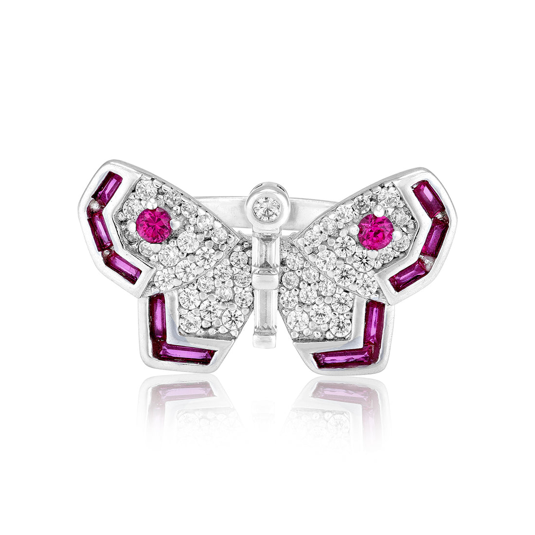 925 Sterling Silver Ruby Butterfly Cocktail Geometric Wings Baguette Ring for Women