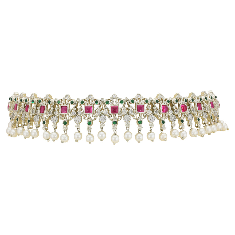 925 Sterling Silver Ruby Emerald Cut Pearl Drop Necklace For Women