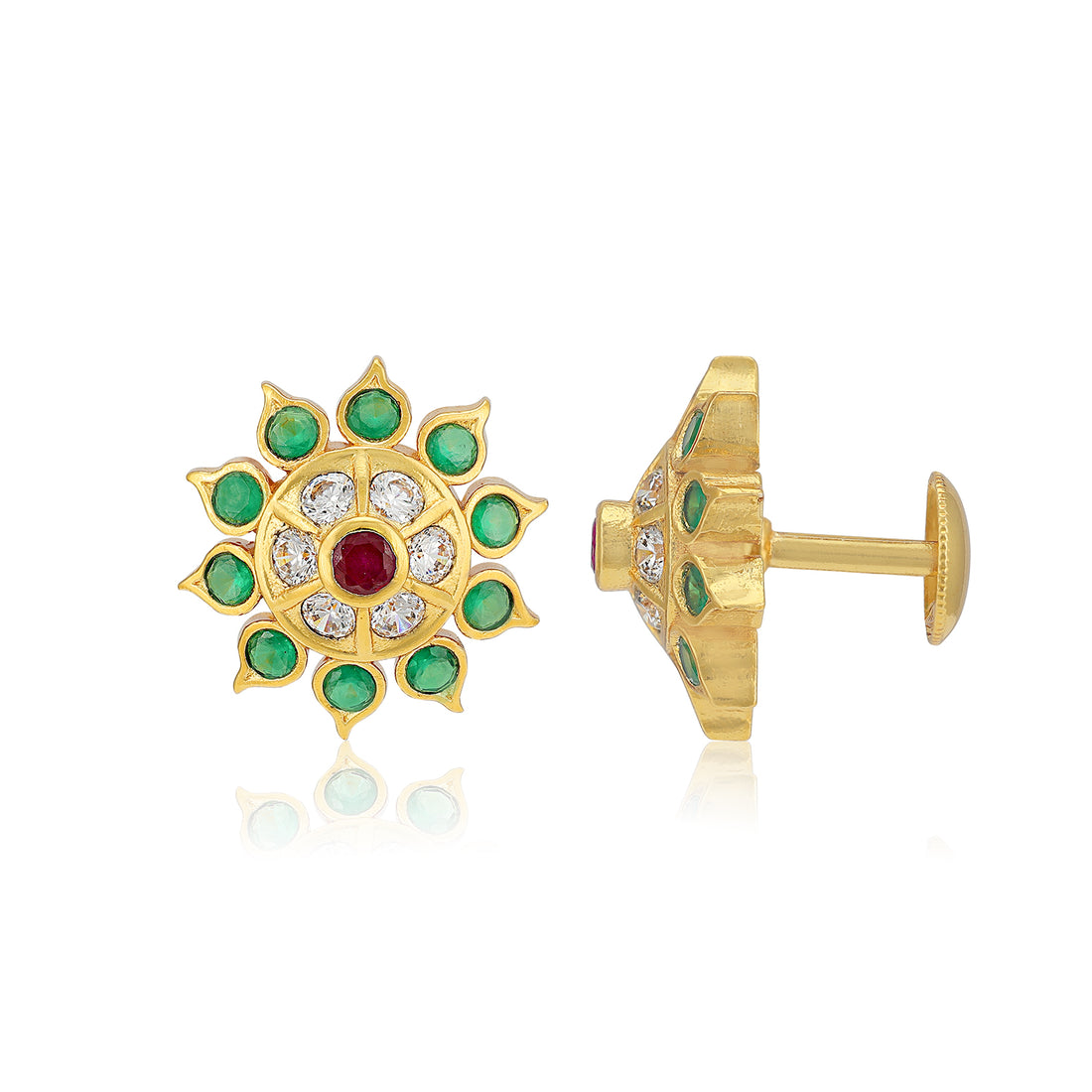 925 Sterling Silver Ruby & Emerald Traditional Floral Gold Plated Stud for Women