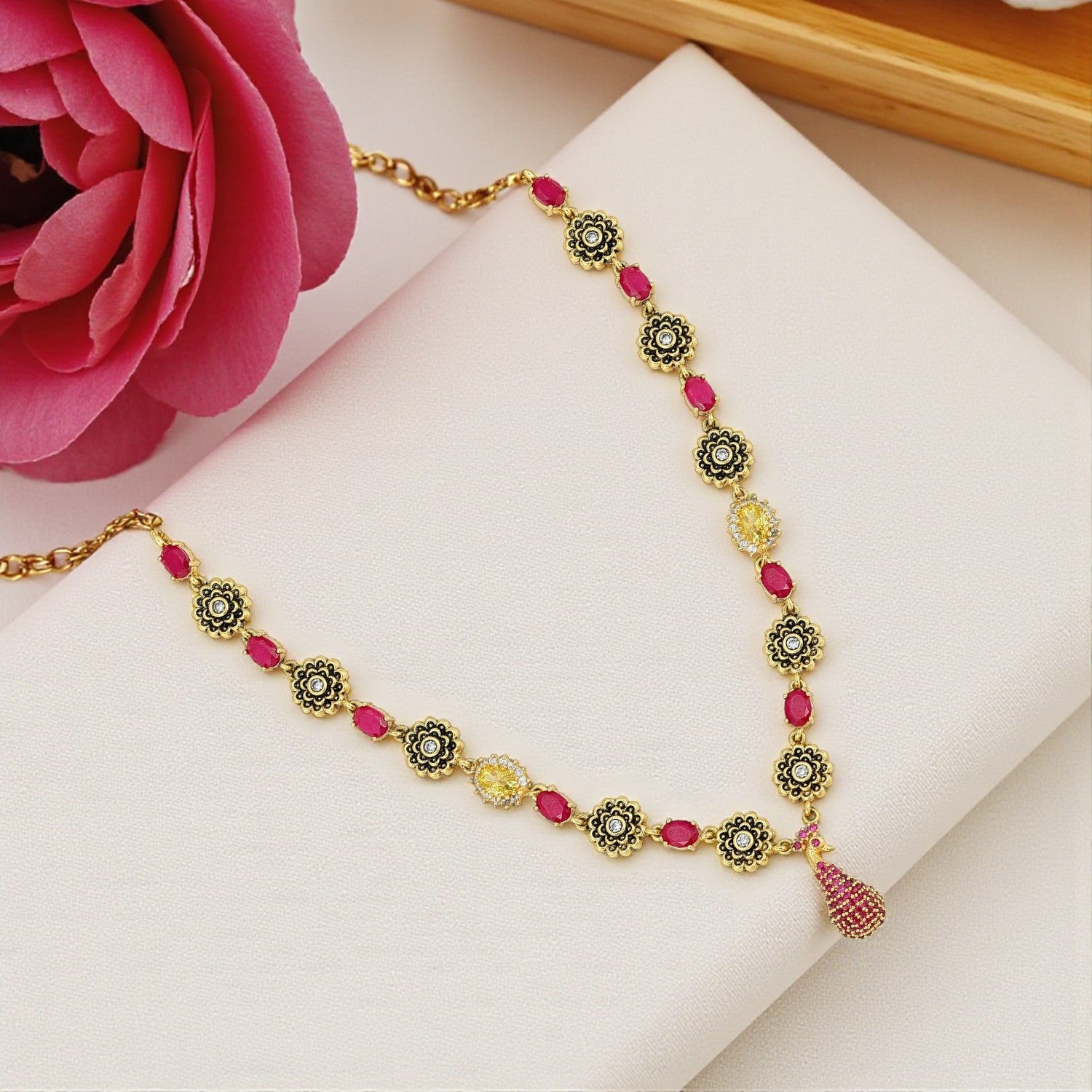 925 Sterling Silver Ruby Peacock Floral Necklace for Women
