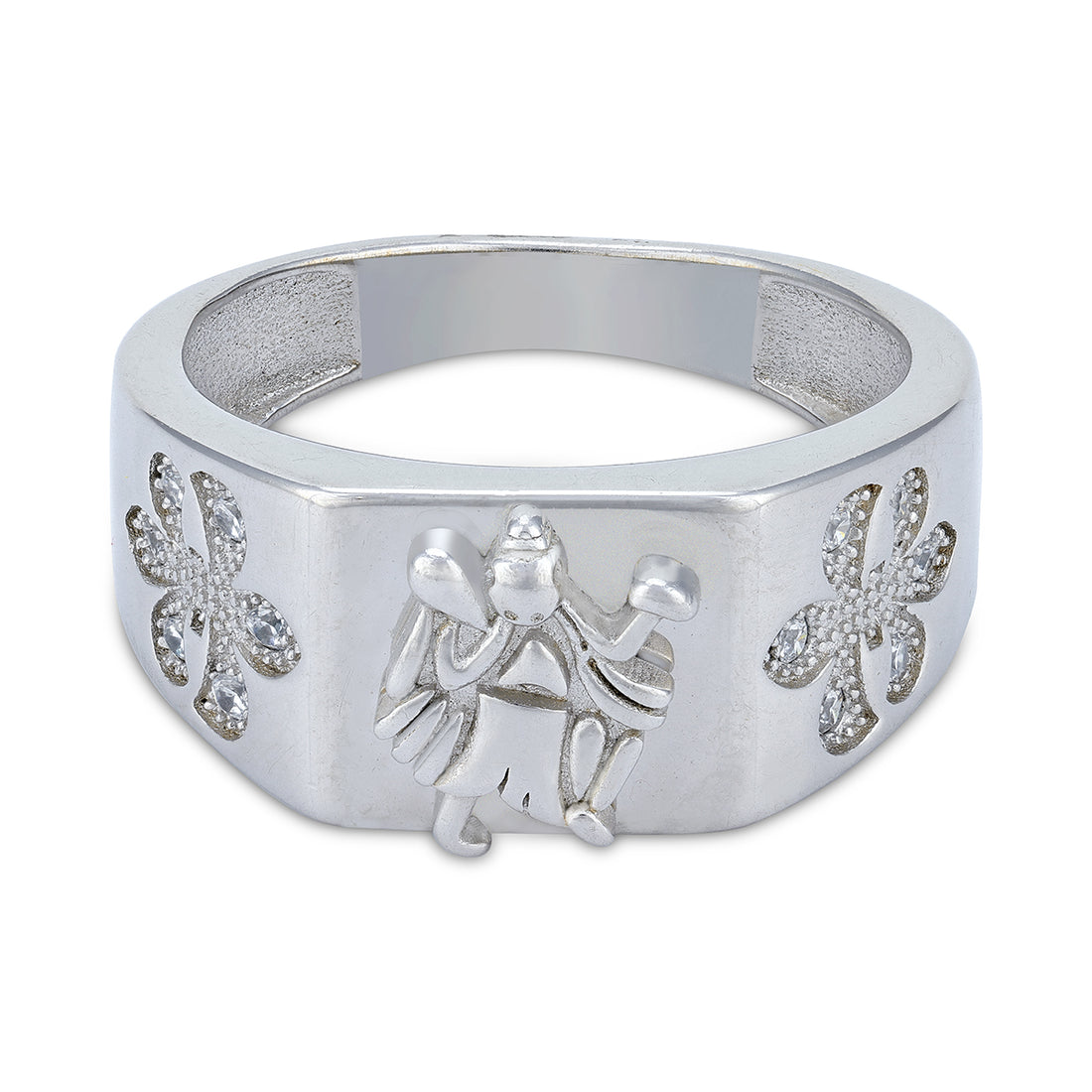 925 Sterling Silver Sacred Hanuman Motif with Elegant Floral Ring for Men