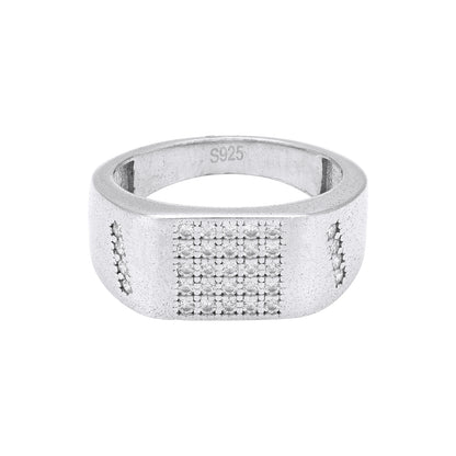 925 Sterling Silver Satin Finish Broad Band Diamond Grid Center Side Row Accents Ring for Men