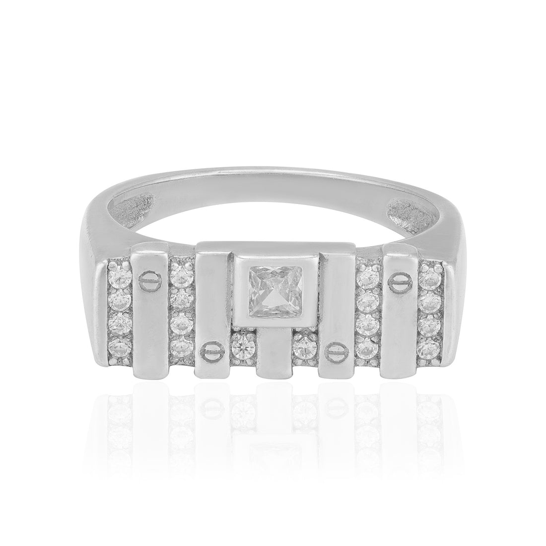 925 Sterling Silver Screw Accent Diamond Panel Rhodium Plated Ring for Men