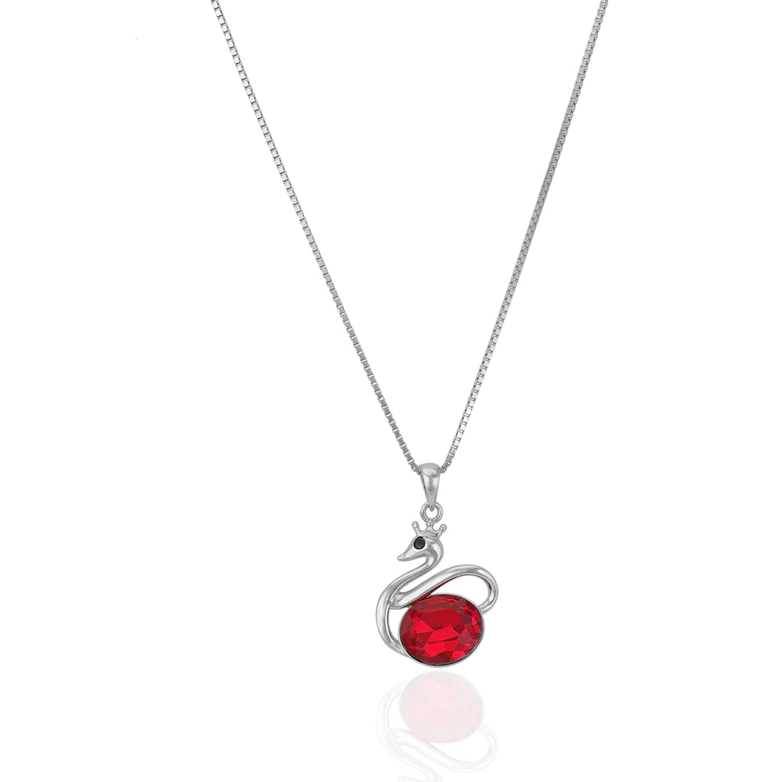 925 Sterling Silver Sculpted Swan Ruby Center Oval Chain Pendant for Women