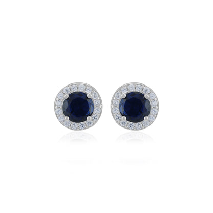 925 Sterling Silver September Month Circle Blue Sapphire Birthstone Stud For Women
