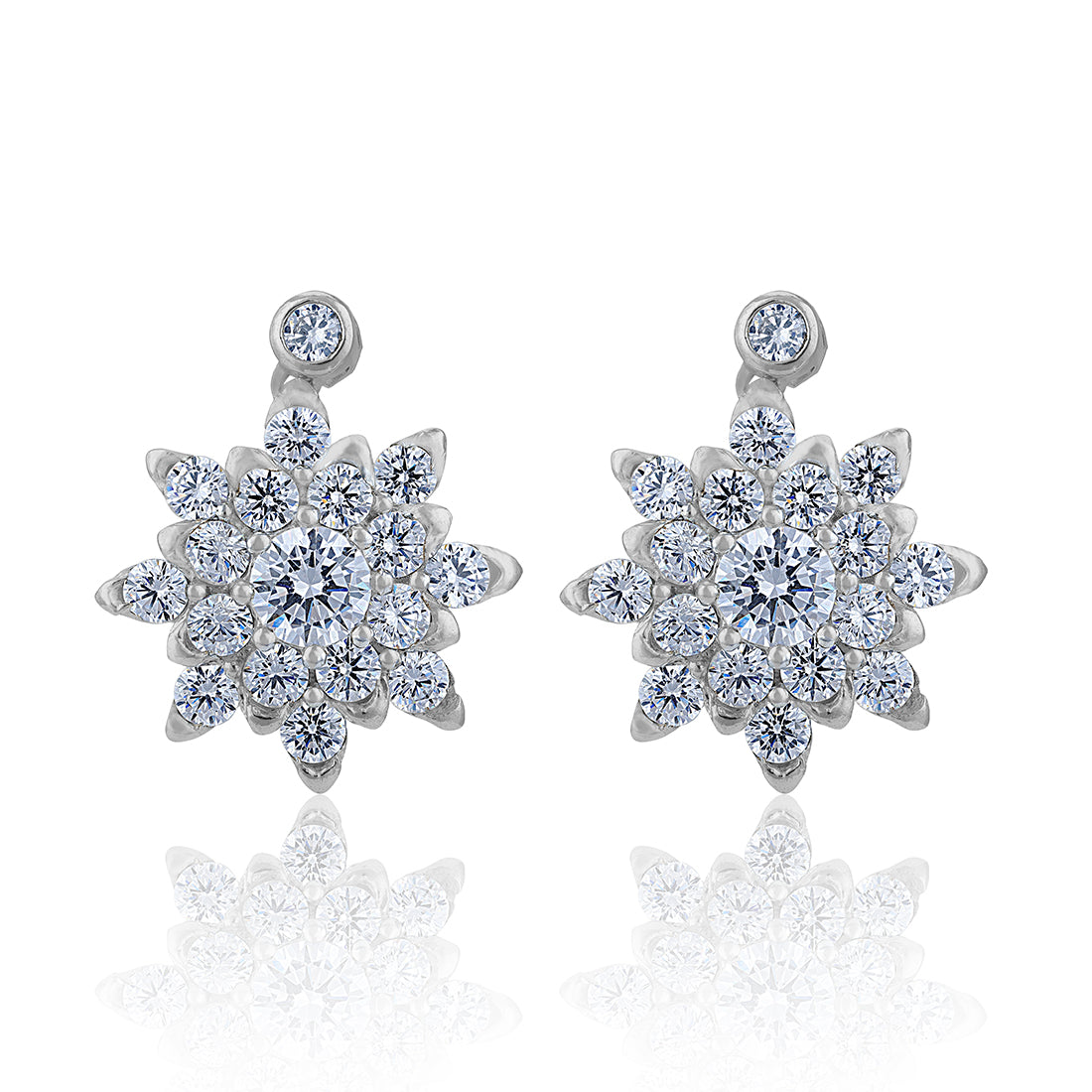 925 Sterling Silver Shimmering Crystal Star Floral Burst Rhodium Plated Earrings for Women