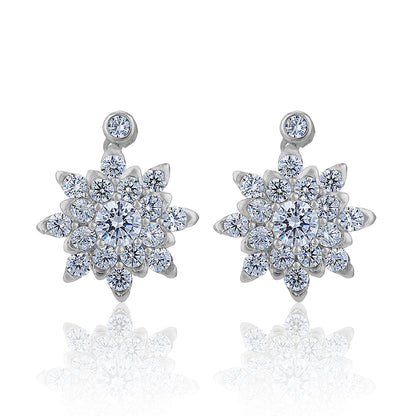 925 Sterling Silver Shimmering Crystal Star Floral Burst Rhodium Plated Earrings for Women