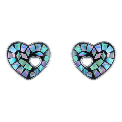 925 Sterling Silver Shimmering Iridescent Abalone Heart Inner Cut-Out Design Rhodium Plated Earrings for Women