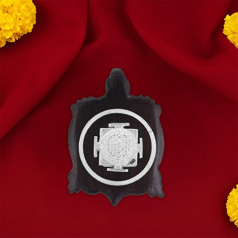 925 Sterling Silver Shree Yantra Idol Rosewood Tortoise Base for Pooja