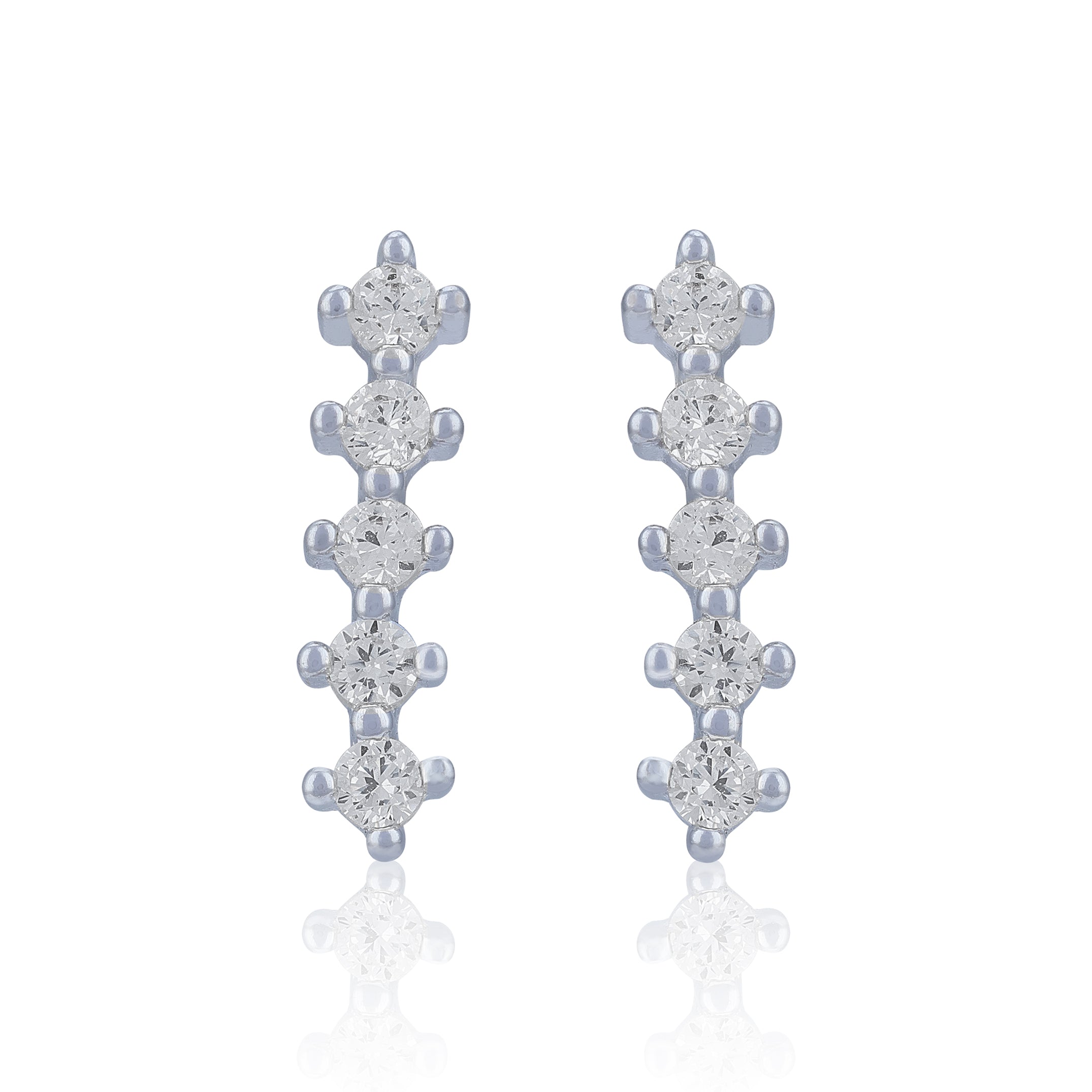 925 Sterling Silver Slim Row of Round Crystal Stones Earring for Women