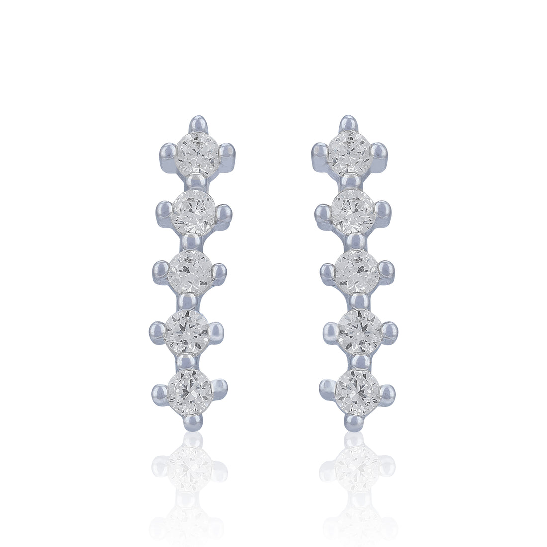 925 Sterling Silver Slim Row of Round Crystal Stones Earring for Women