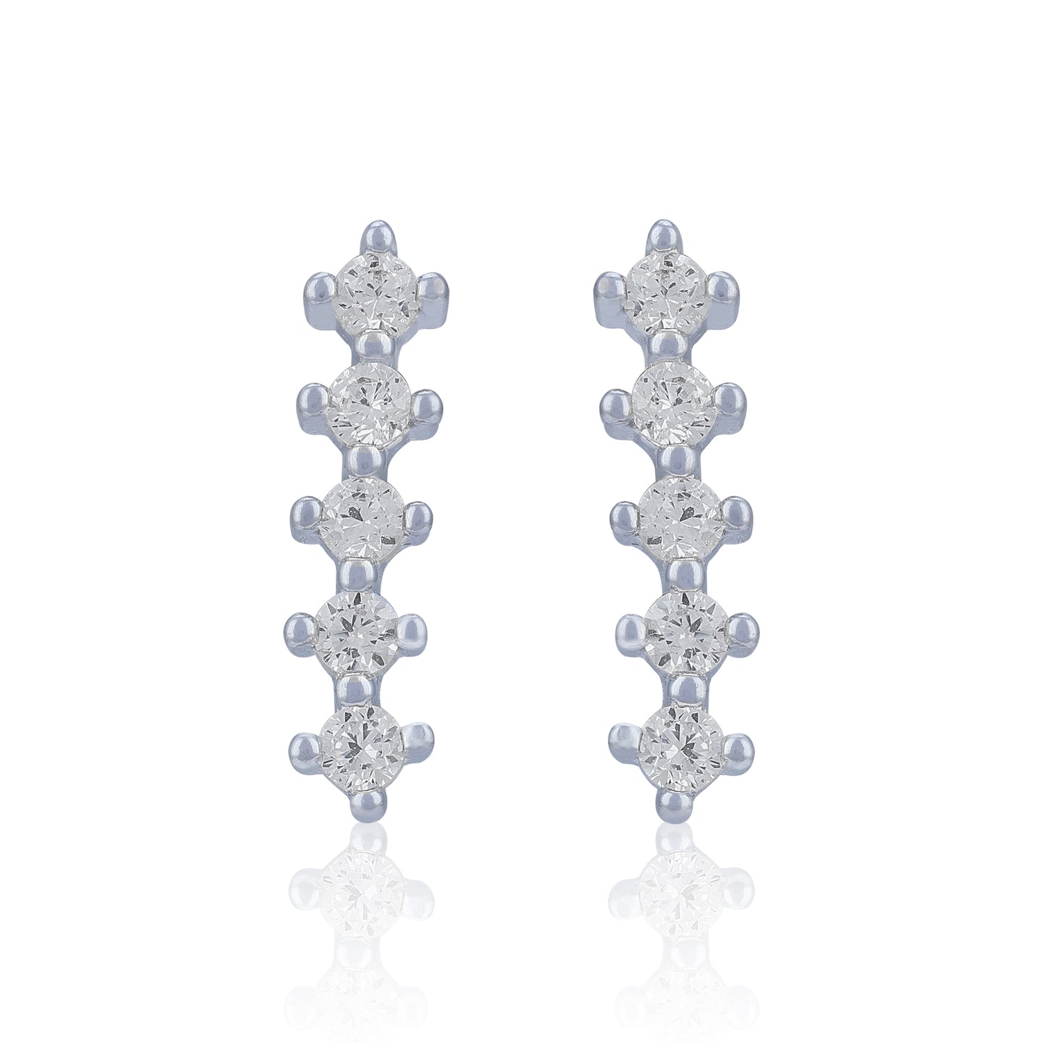 925 Sterling Silver Slim Row of Round Crystal Stones Earring for Women