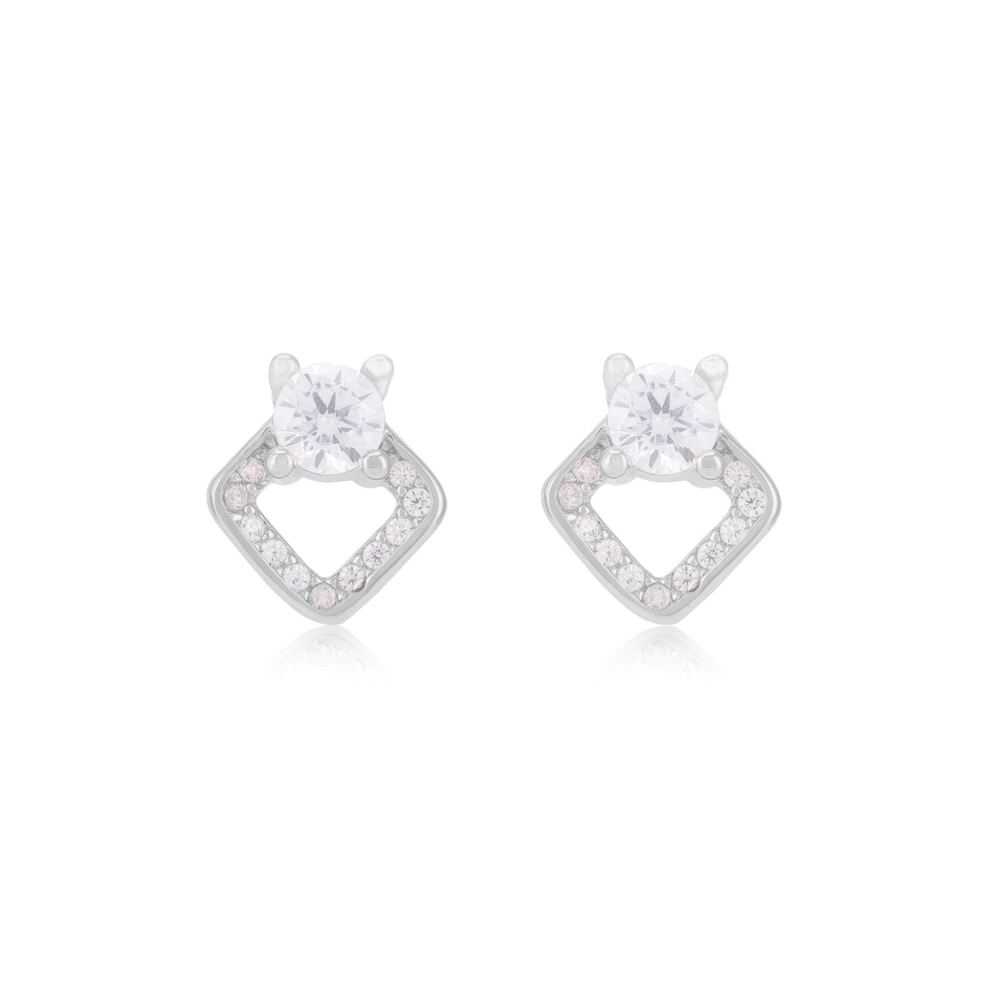 925 Sterling Silver Solitary Centered Side Accent Diamond Shaped Earrings For Women