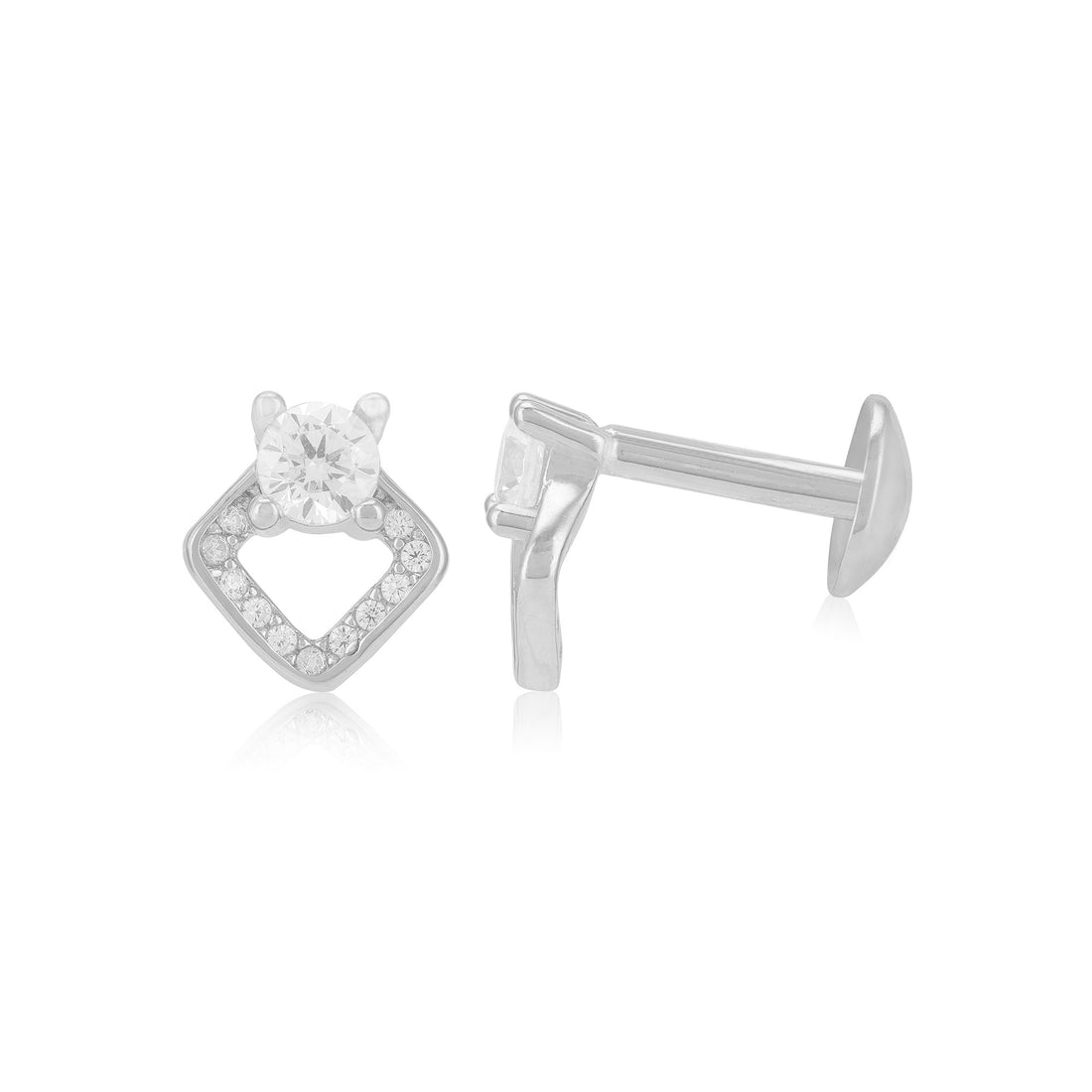 925 Sterling Silver Solitary Centered Side Accent Diamond Shaped Earrings For Women
