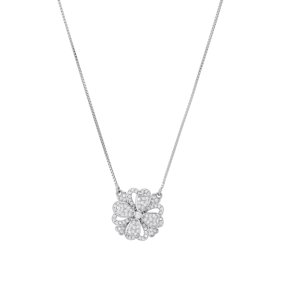 925 Sterling Silver Sparkling Four Heart Petal Floral Chain Pendant for Women