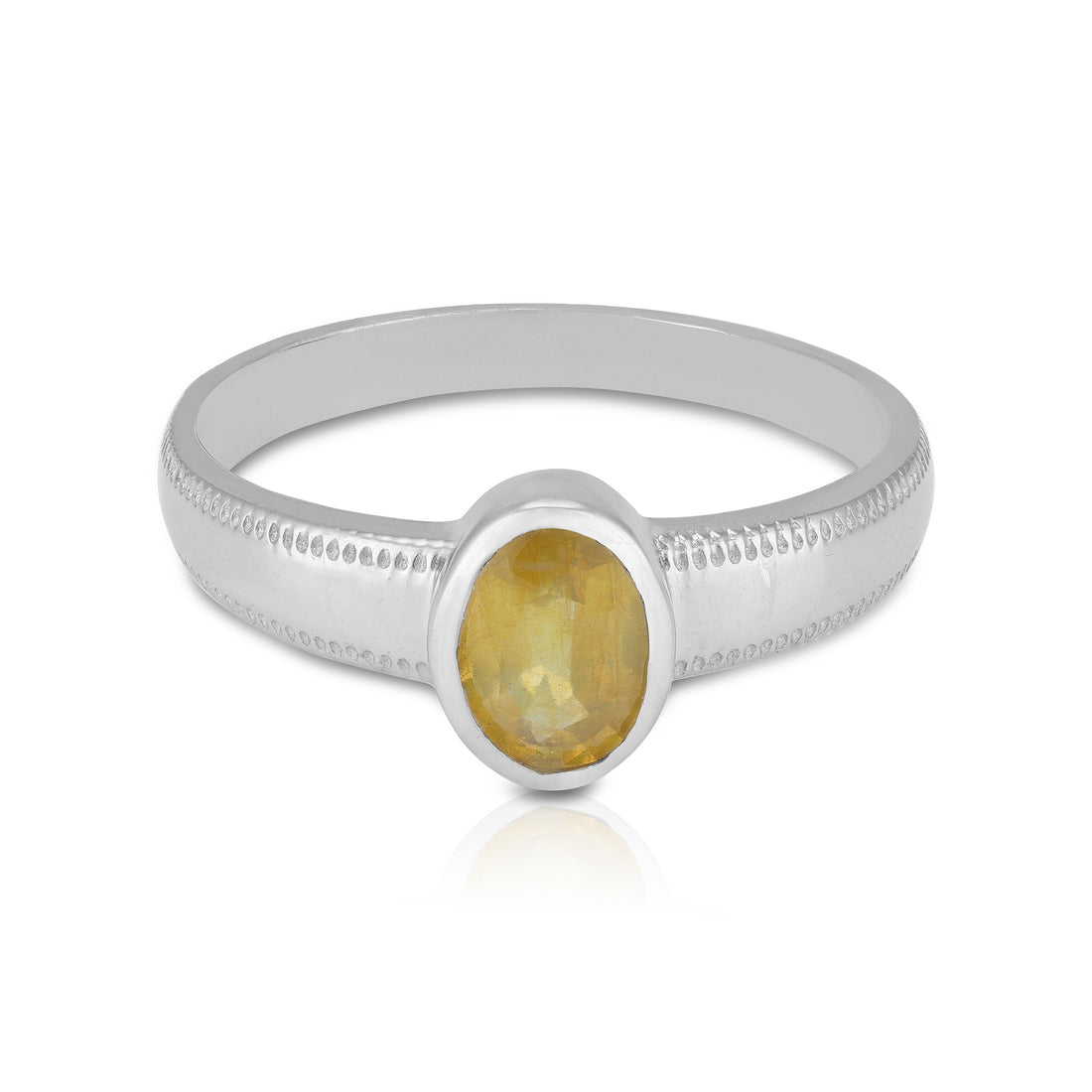 925 Sterling Silver Sunlit Yellow Sapphire Oval Gem Textured Rim Band Ring for Men
