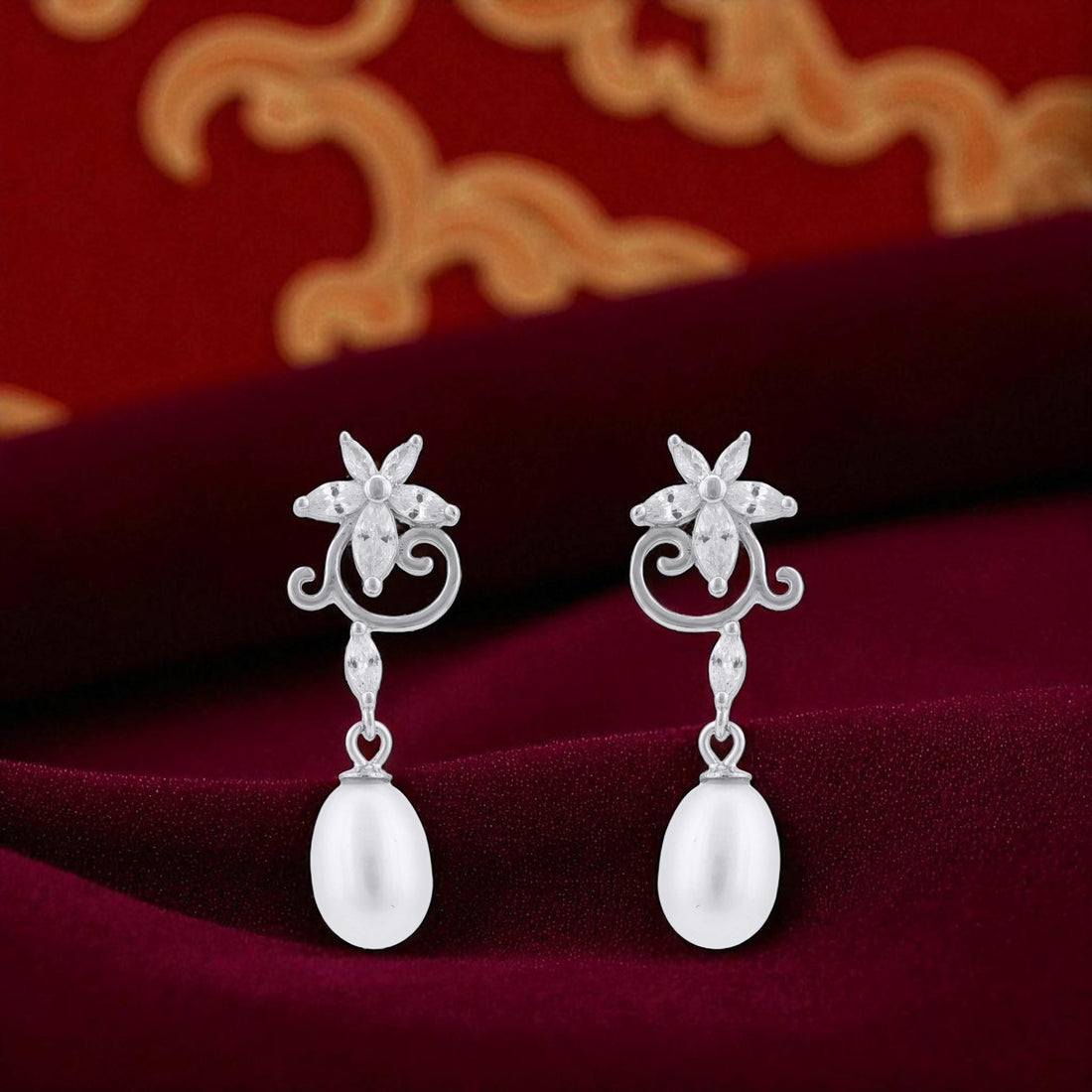 925 Sterling Silver Swirl Bloom Pearl Drop Earrings for Women