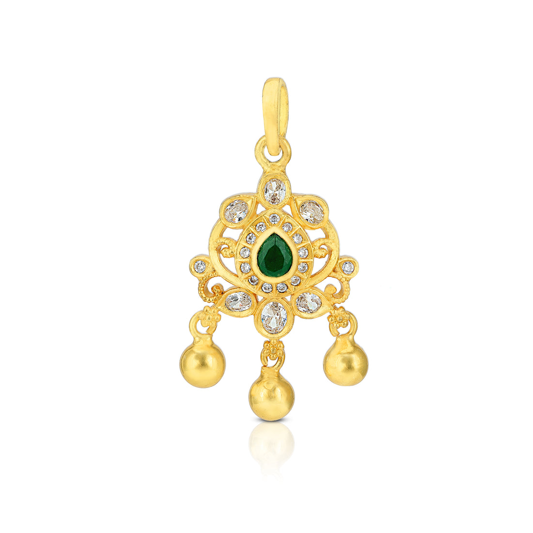 925 Sterling Silver Tear Drop Emerald Centre Dangling Gold Beads Pendant For Women