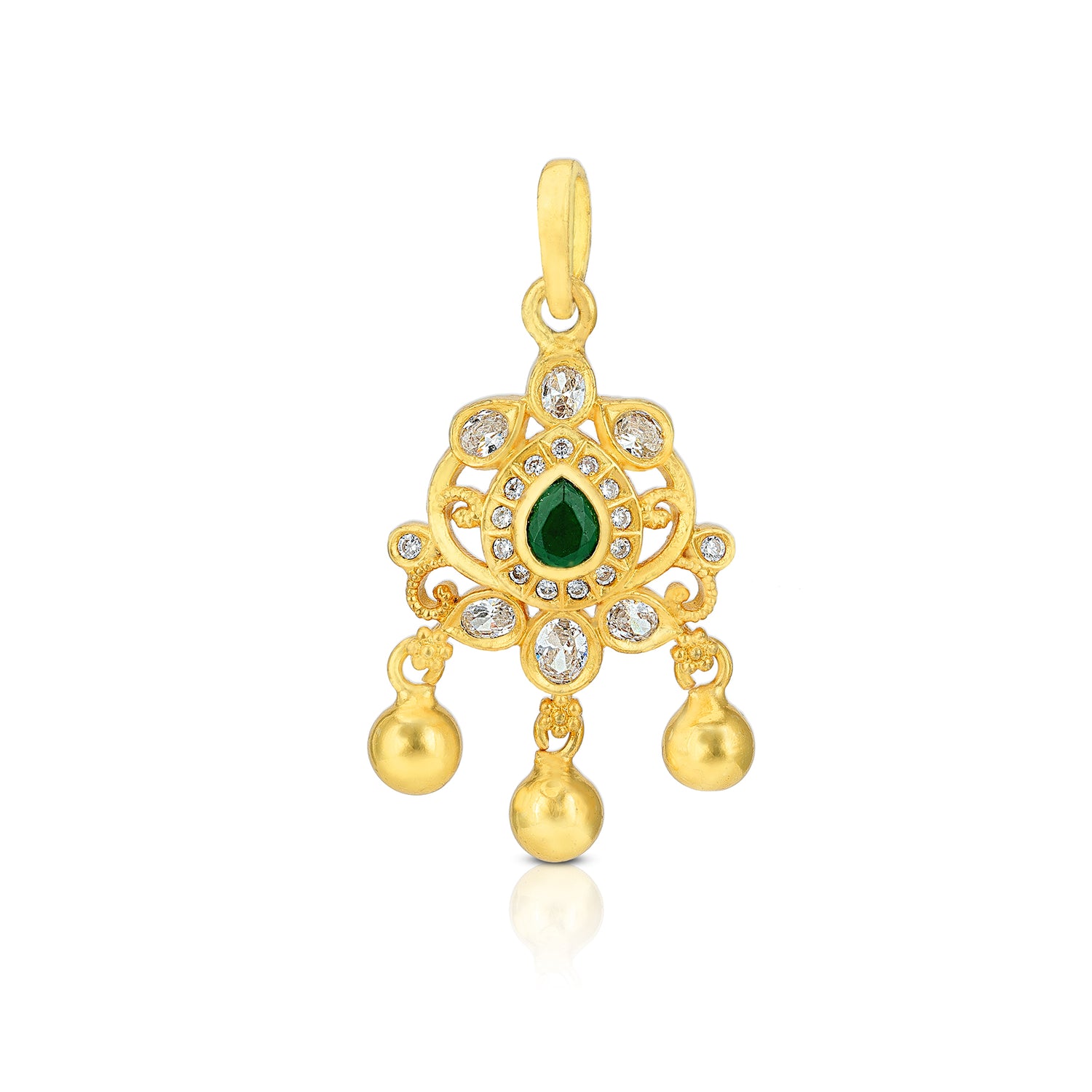 925 Sterling Silver Tear Drop Emerald Centre Dangling Gold Beads Pendant For Women
