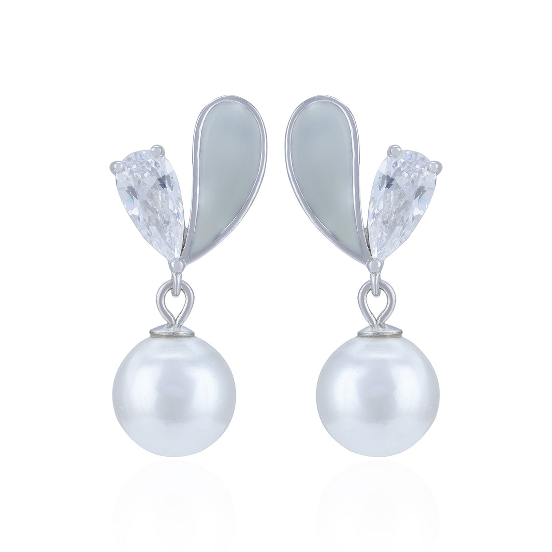 Pearl earrings with silver teardrop-shaped accents on a white background