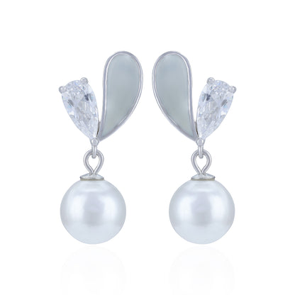 Pearl earrings with silver teardrop-shaped accents on a white background