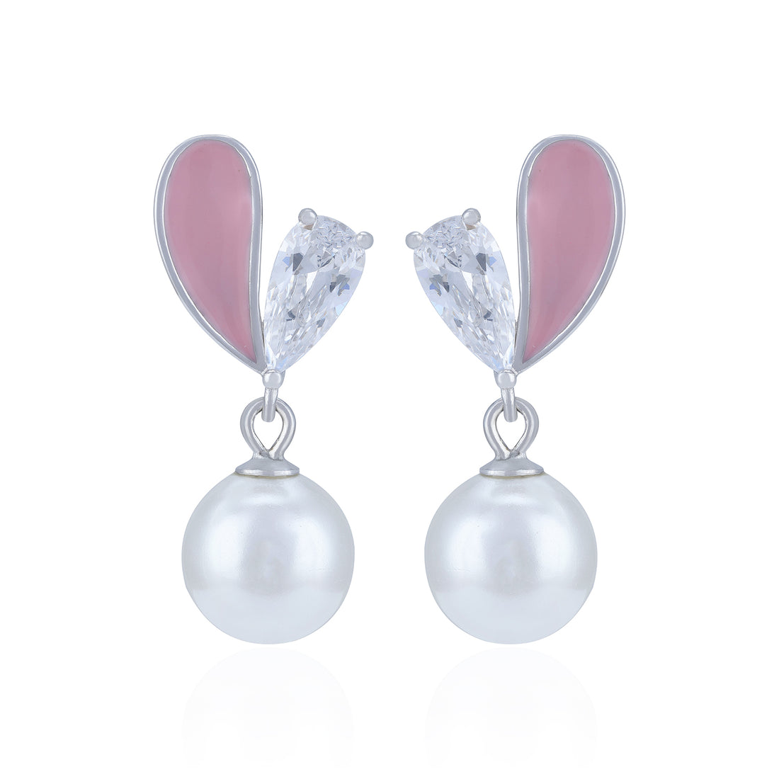 Pearl earrings with pink heart-shaped accents