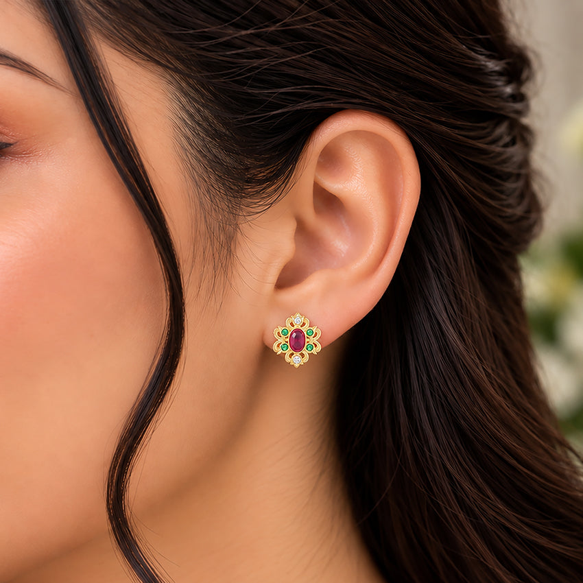925 Sterling Silver Temple Ruby Emerald Glow Stud for Women
