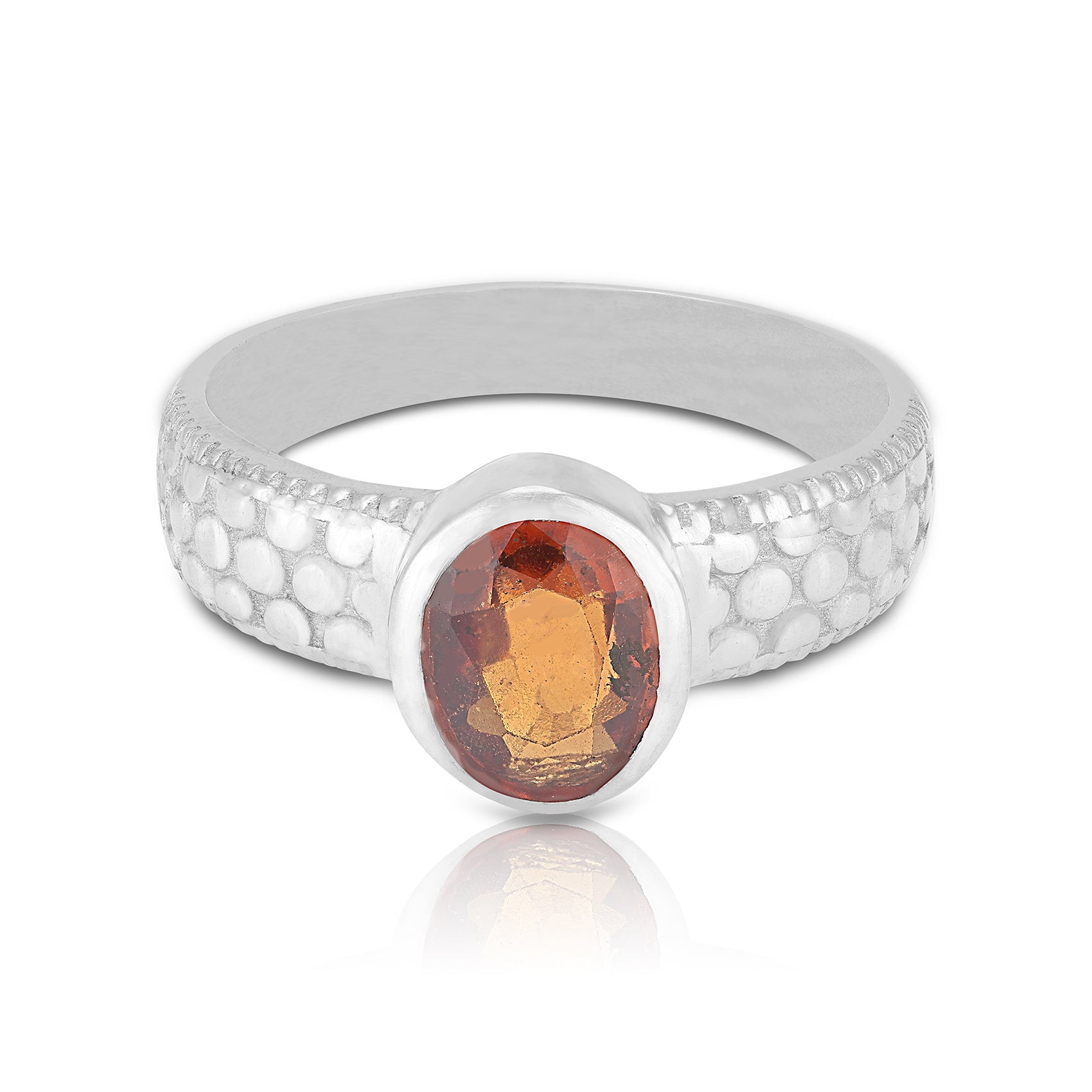 925 Sterling Silver Textured Fiery Orange Hessonite Gem Classic Bubble Band Ring for Men