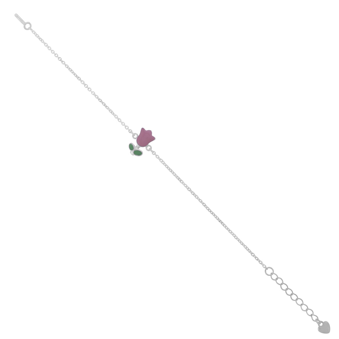 925 Sterling Silver Tiny Pink Tulip Charm Rhodium Plated Bracelet For Kids