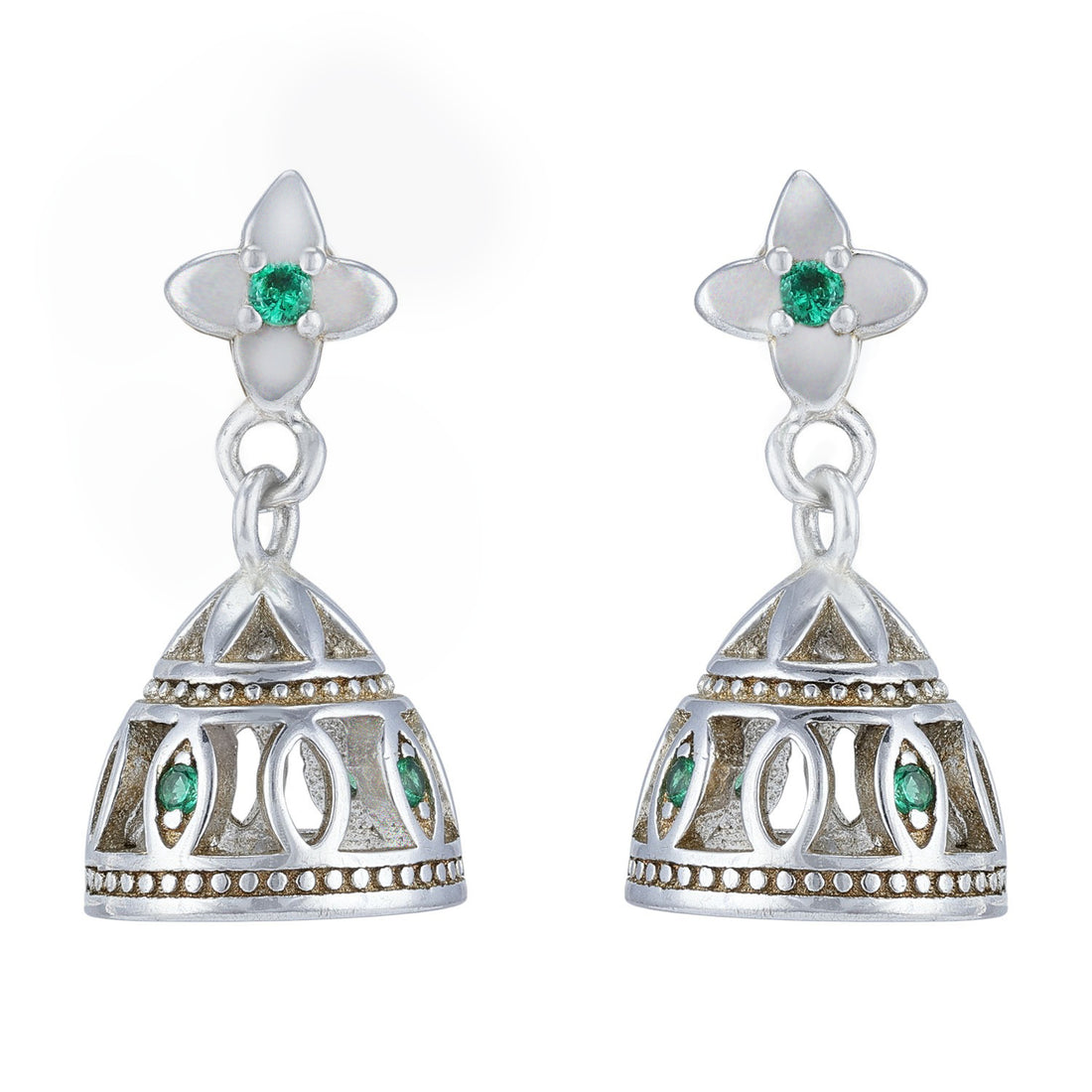 925 Sterling Silver Traditional Dome Shaped Jhumka Emerald Accents Earrings for Women
