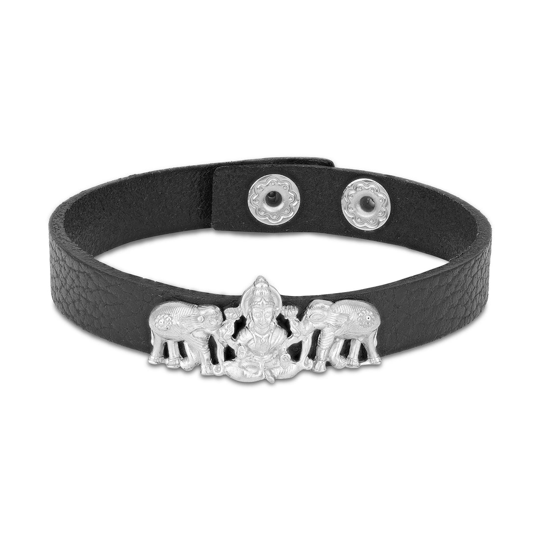 925 Sterling Silver Traditional Goddess Lakshmi Twin Elephant Design Black Leather Band Bracelet for Men