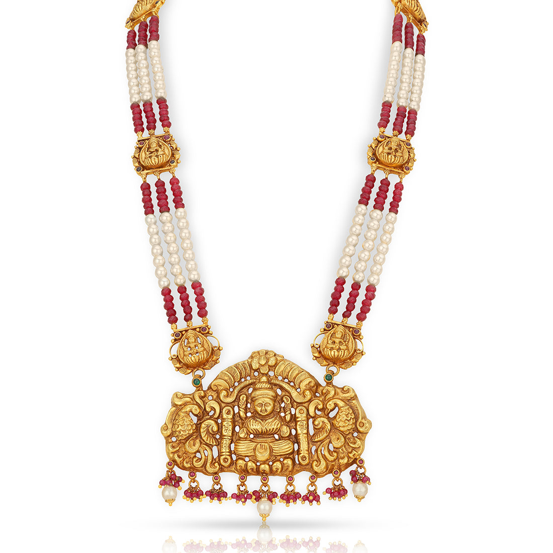 Gold necklace with red and white beads on a white background