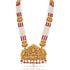 Gold necklace with red and white beads on a white background