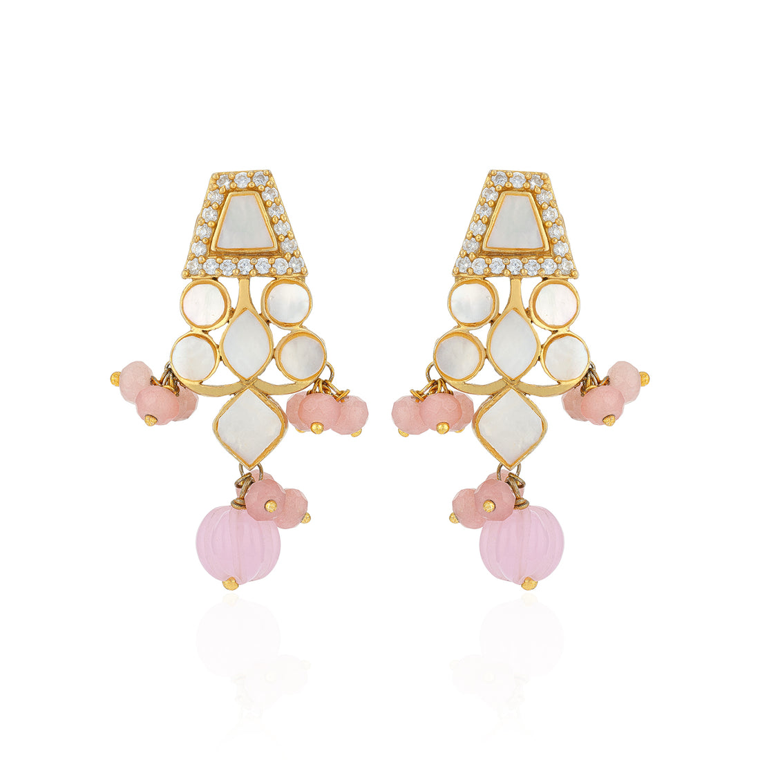 Gold and pink earrings with white stones on a white background