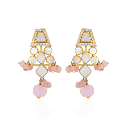 Gold and pink earrings with white stones on a white background