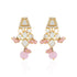 Gold and pink earrings with white stones on a white background