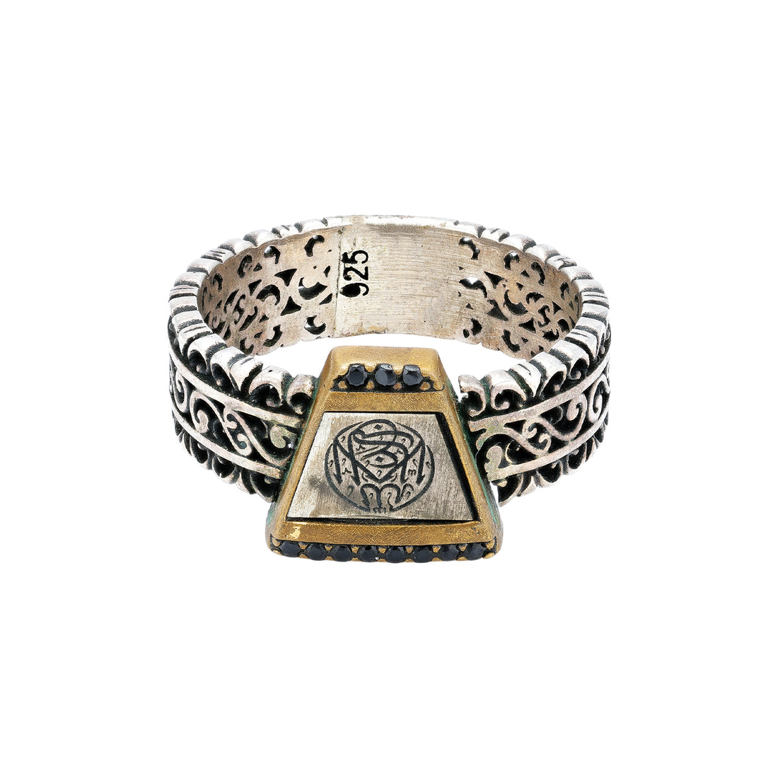 925 Sterling Silver Triangular Crest Ring with Oxidized Filigree Band and Black Spinel Accents Rings For Men
