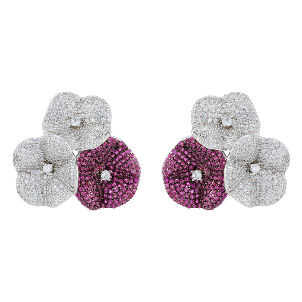 925 Sterling Silver Triple Bloom Pink Stoned Rhodium Plated Rings for Women