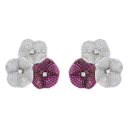 925 Sterling Silver Triple Bloom Pink Stoned Rhodium Plated Rings for Women