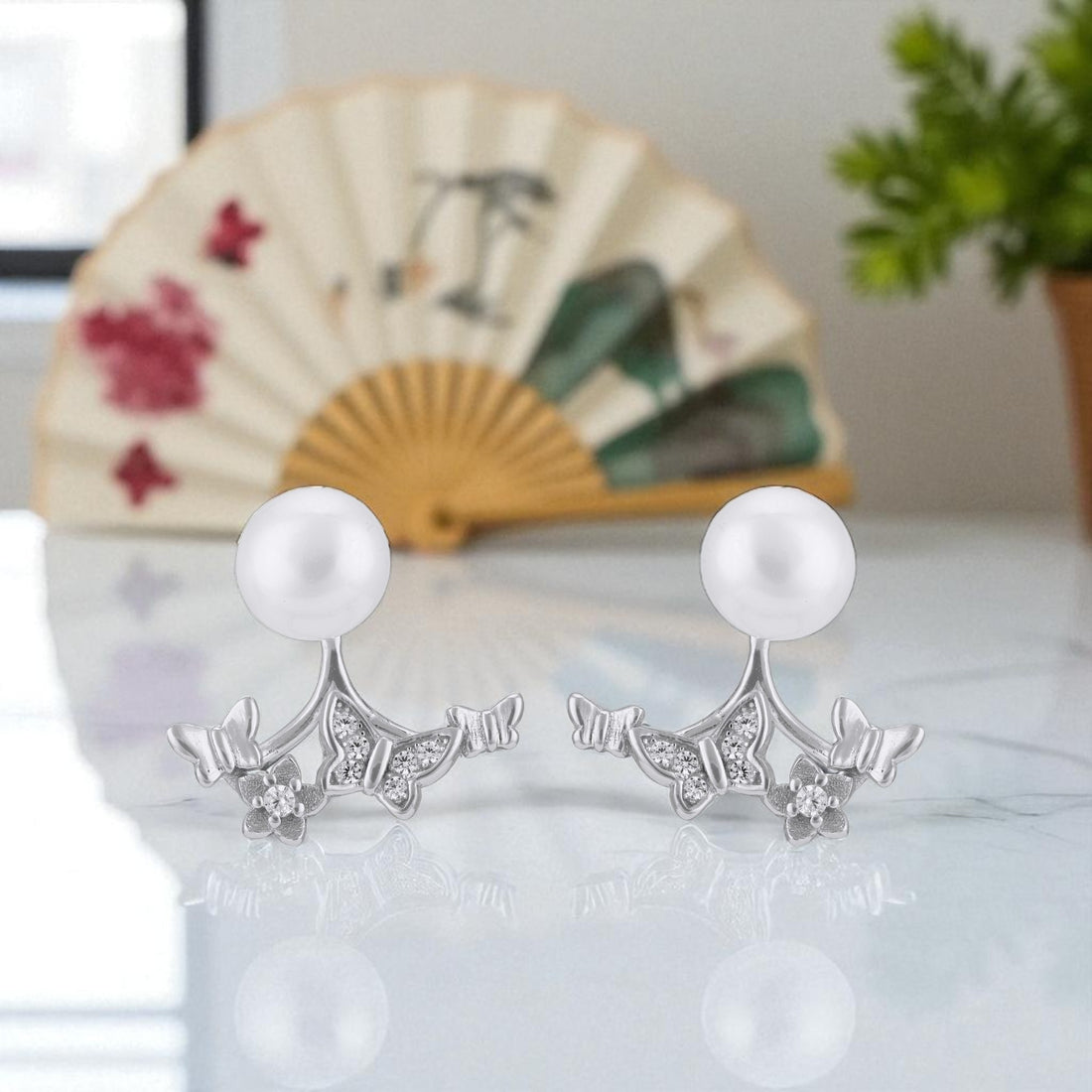 925 Sterling Silver Triple Butterfly Pearl Floral Accent Earrings for Women